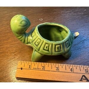 Vintage Glazed Ceramic Pottery Green Turtle Figurine Small Planter *READ*